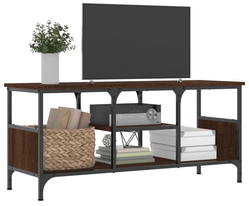 barna tölgyszínű szerelt fa és vas TV-szekrény 100x35x45 cm