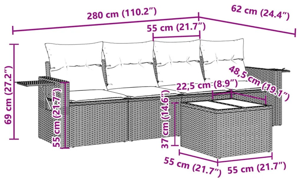 5 részes világosszürke polyrattan kerti ülőgarnitúra párnákkal