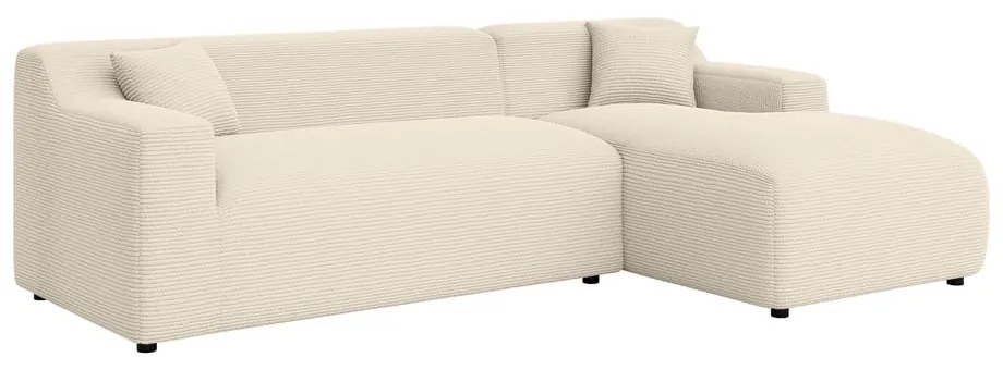 Bézs-krémszínű kordbársony sarokkanapé (jobb oldali-heverő résszel) Martin – Ropez