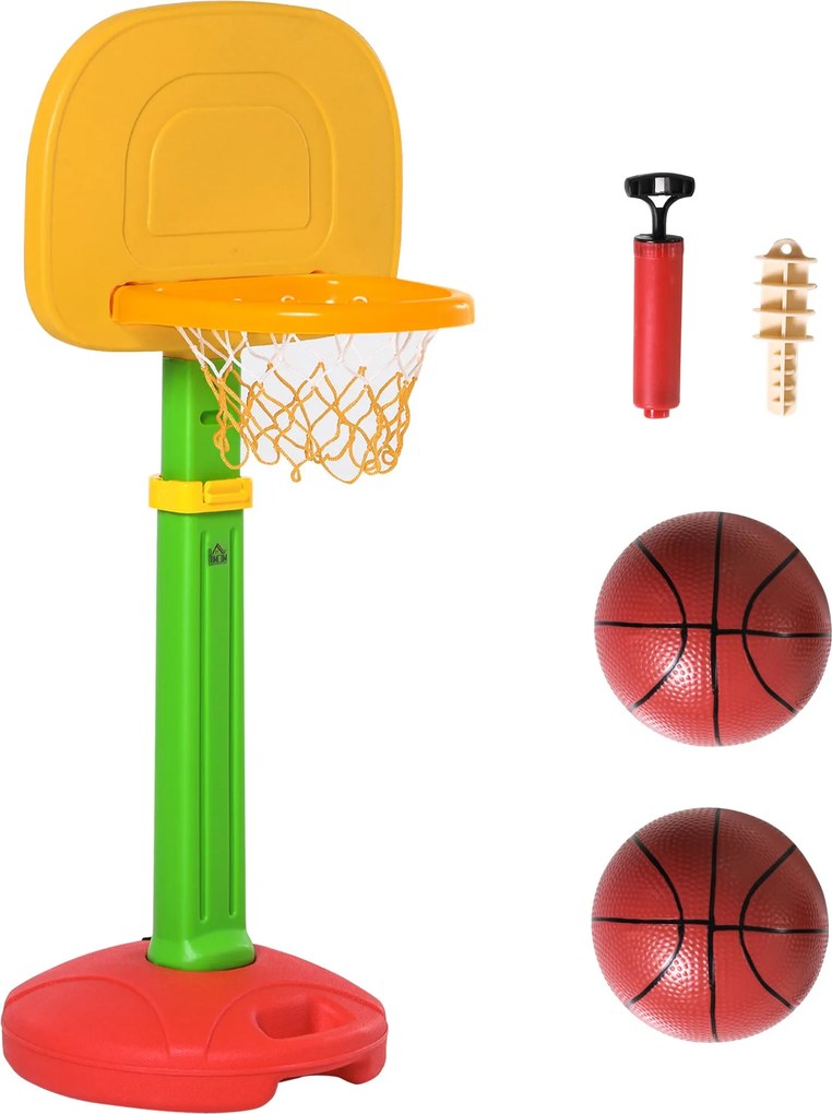 HOMCOM Állítható Gyermek Kosárlabda Gyűrű 2 Labdával és Légpumpával 3+ Éveseknek Benti és Kinti Sport Játékok 52.5x44x120-160 cm Többszínű | Aosom
