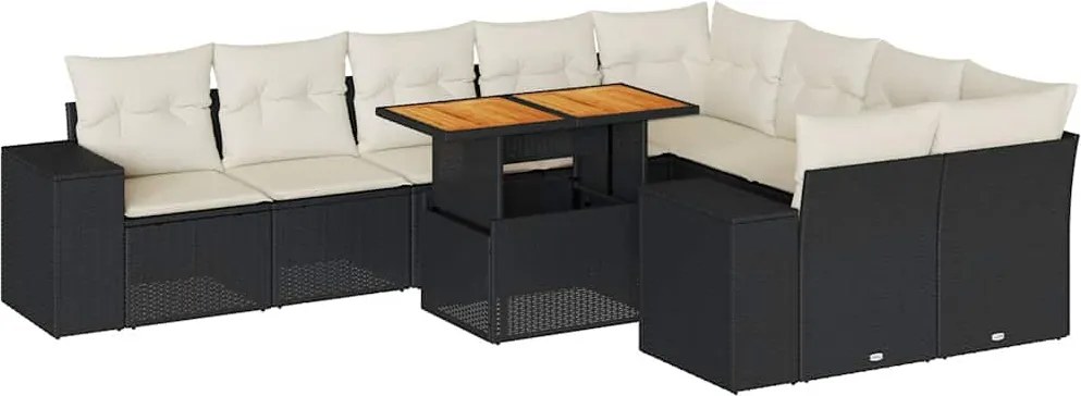 vidaXL 10 részes fekete polyrattan akácfa kerti ülőgarnitúra párnákkal