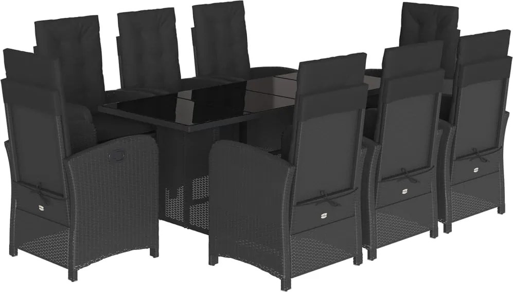 vidaXL 9 részes fekete polyrattan kerti étkezőgarnitúra párnákkal