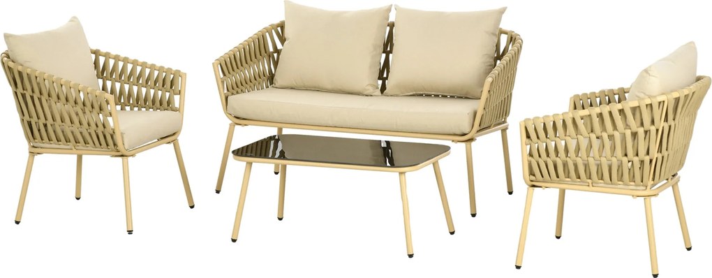 Outsunny 4 részes Kertibútor Szett, Ülőgarnitúra 1 Kávétéma, 2 Fotel, 1 Kétüléses Kanapé, Kerti Bútor Készlet Párnákkal, Ülőgarnitúra Kerthez, Teraszh