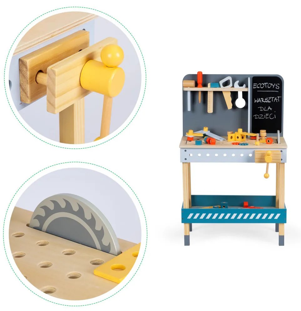 Fa barkács asztal szerszámokkal krétatáblával 47 darab