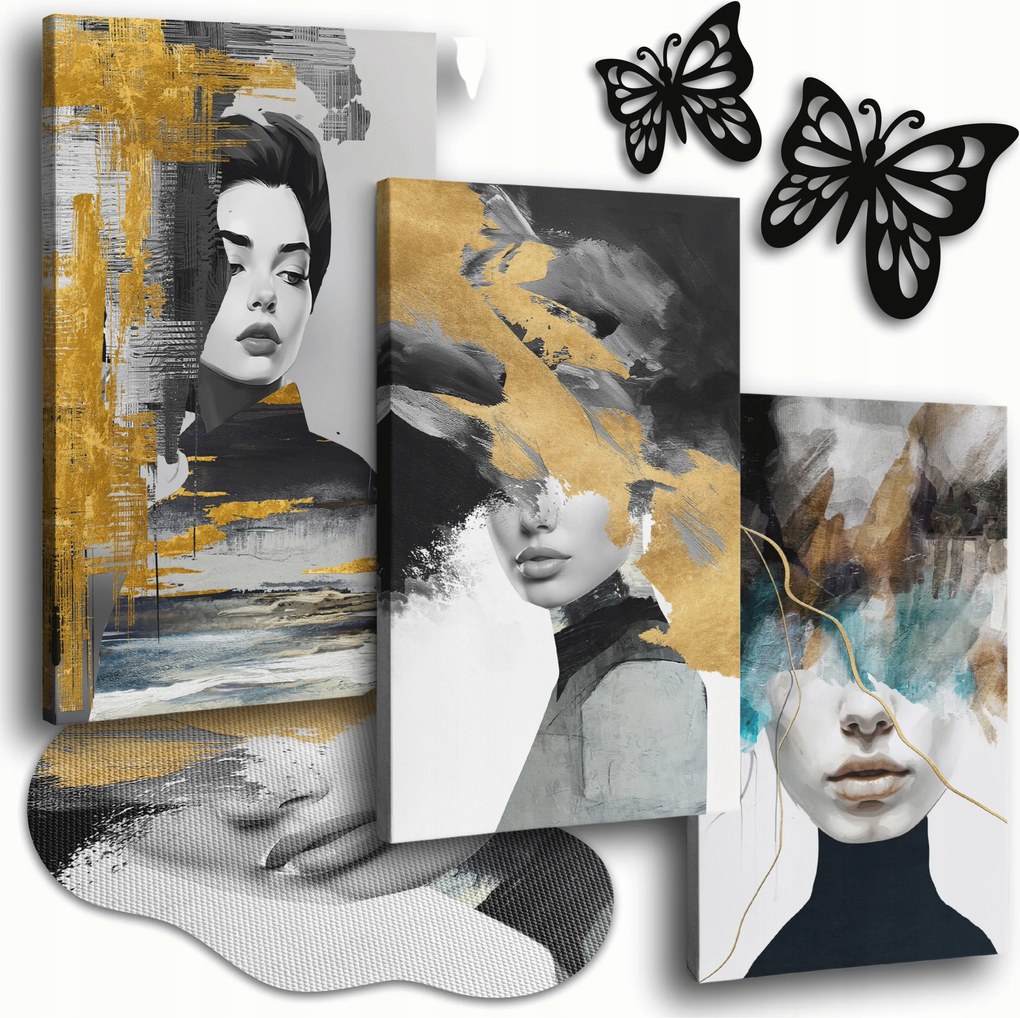 Vászonkép 120x50 cm Nappali Képek Triptichon Arany Női Arcok 3x
