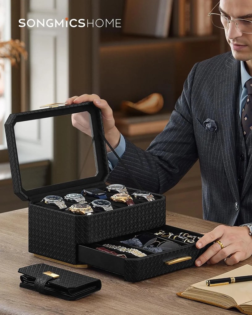 8 rekeszes óratartó doboz, tintafekete