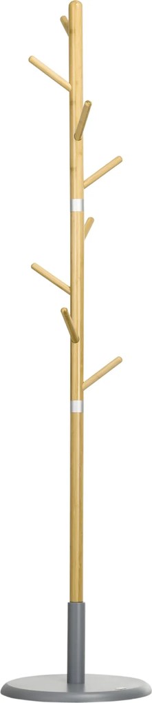 HOMCOM Bambusz Kabát Akasztó Önálló Kabátfa 8 Akasztóval Ruhák Táskák Függesztésére Fával Formázott Kabát Akasztó Ø37,8x175,6 cm Természetes és Szürke