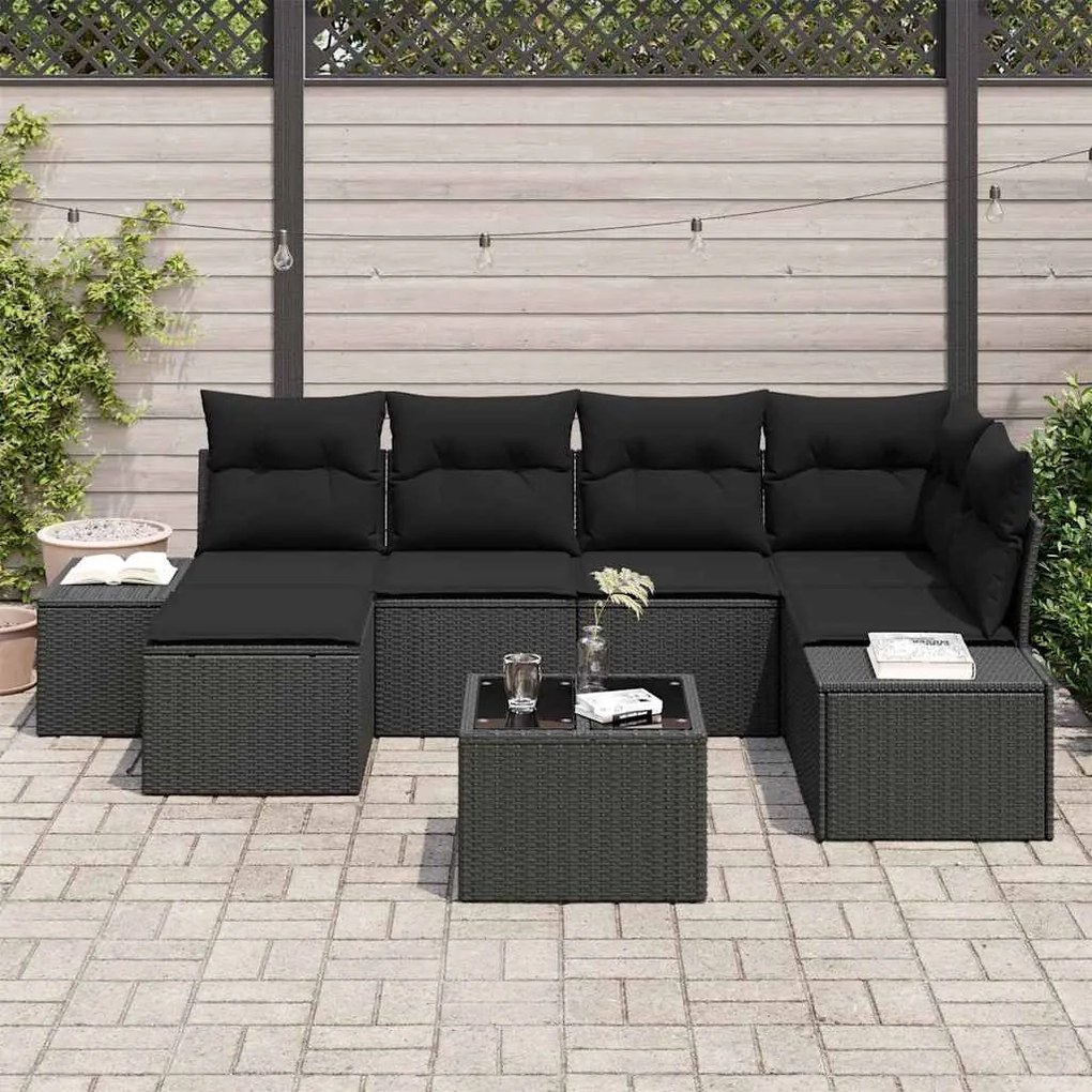 Kerti Kanapé Szett 7 pcs Fekete 264 x 154 x 85 cm Poli rattan