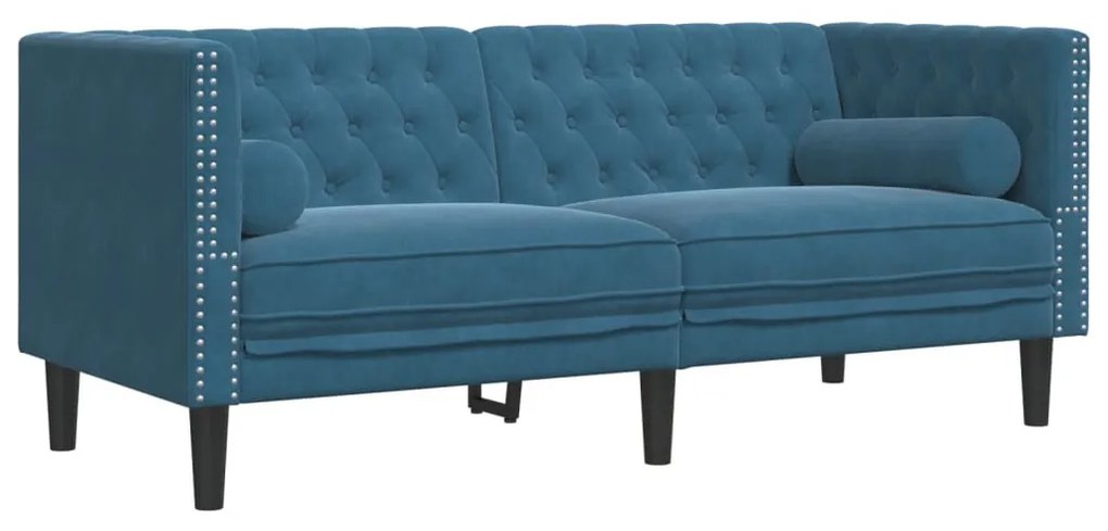 2 személyes kék bársony Chesterfield kanapé hengerpárnákkal