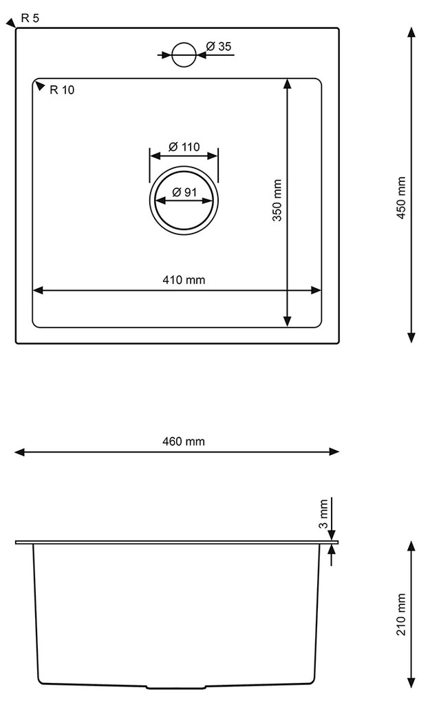 Erga HD, 1 kamrás acél mosogató 460x450x210 mm, acél, ERG-MLS-HD4645