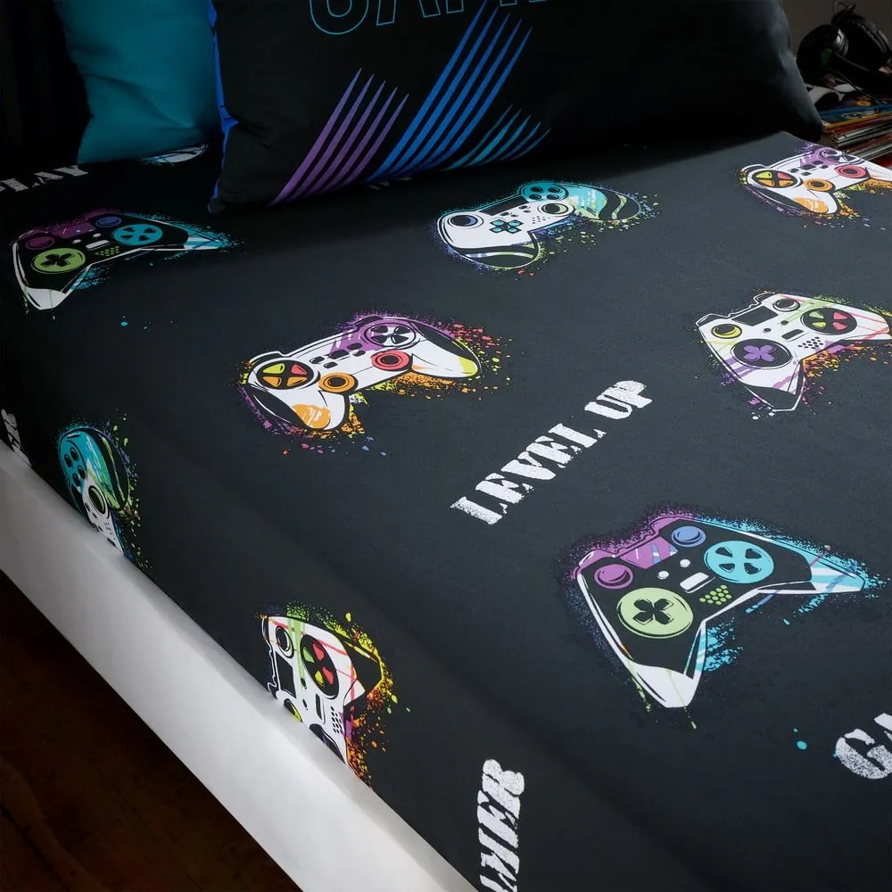 Fekete gumis egyszemélyes gyerek lepedő 90x190 cm Game Over – Catherine Lansfield