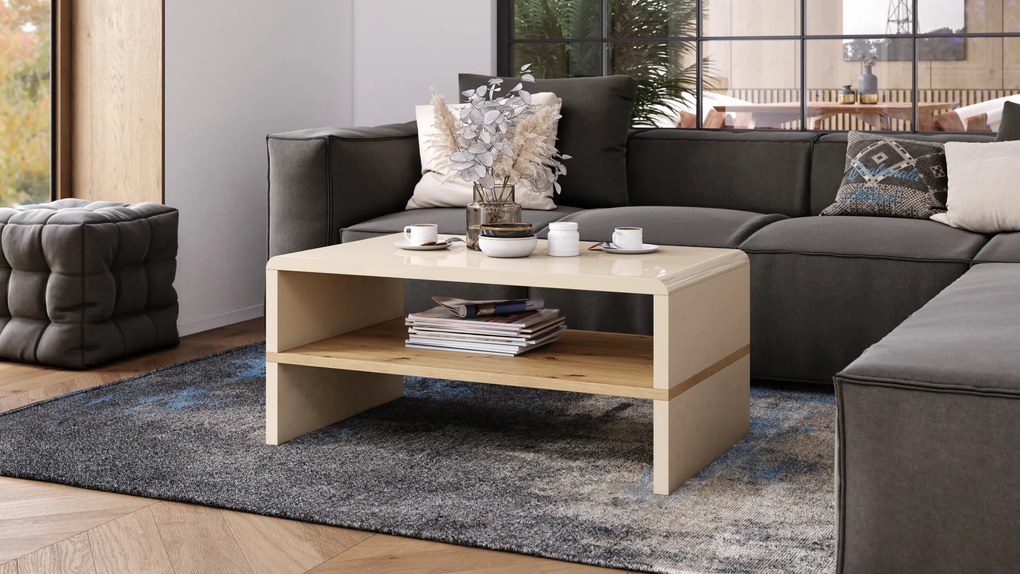 Mazzoni ROCK Bézs Fényes / Artisan Tölgy - MODERN DOHÁNYZÓASZTAL POLCCAL