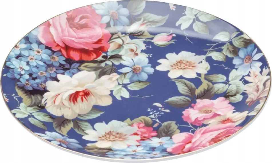 Porcelán desszertes tányér 20 cm Rózsa Virágok Sötétkék