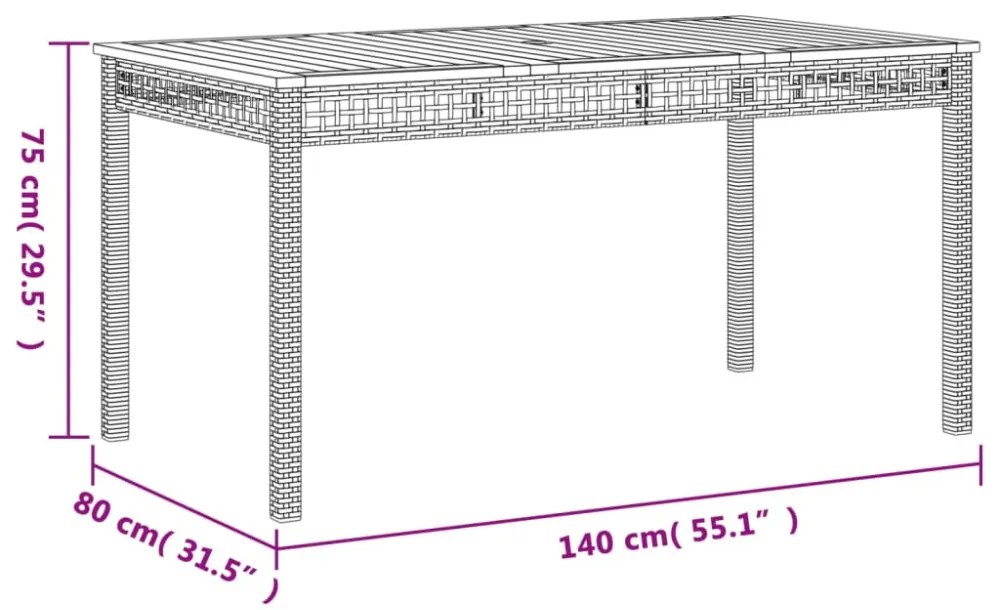 fekete polyrattan és akácfa kerti asztal 140 x 80 x 75 cm