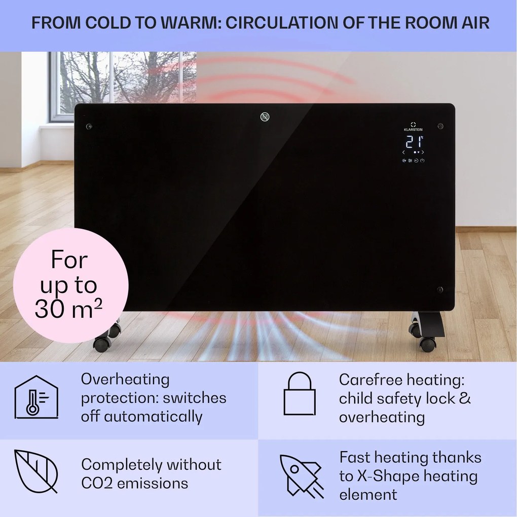 Klarstein Bansin Crystal Smart, konvektor, 1500 W, 5 - 50 °C, vezérlés applikáción keresztül