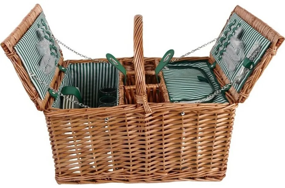 Arôme Piknikkosár 4 személyre Zöld csíkos , 48 x33 x 25 cm