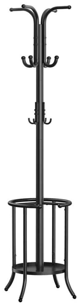 Álló fém ruhafogas, esernyőtartóval, 12 akasztóval, fekete 175 cm magas
