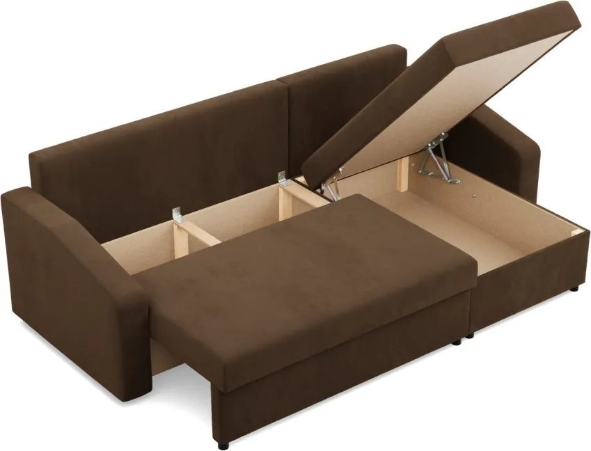 Zeus sarokkanapé, 2 ágyneműtartóval, döntött kartámasz, szövet anyag, univerzális oldal, bonell töltet, barna