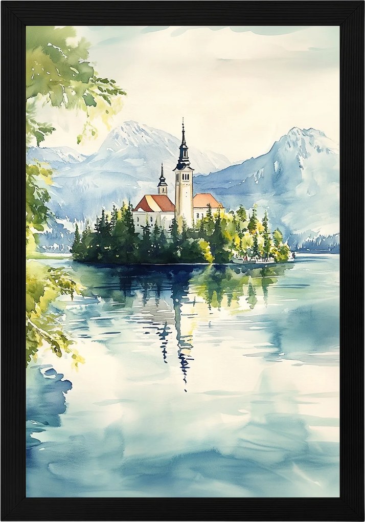 Poszter Keret Fa Tájkép Szlovénia Tó Hibás Templom Sziget 40x60