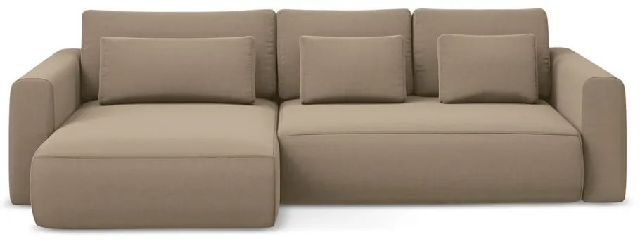 Világosbarna bársony kinyitható-tárolóhelyes sarokkanapé (bal oldali-heverő résszel) Kapua – Makamii