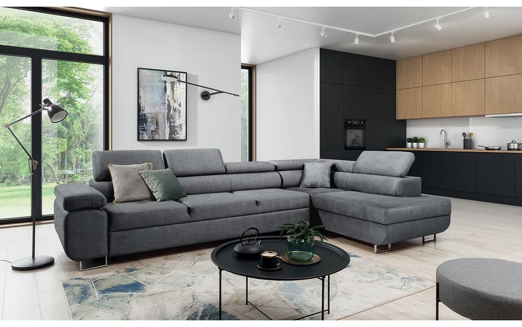 Annabelle Maxi modern sarokkanapé, jobb oldali - grafitszürke könnyen tisztítható velúr Zetta 304 / króm lábak
