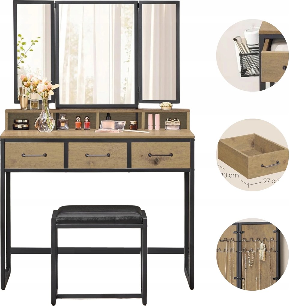 Kozmetikai fésülködőasztal artisan-fekete tükör puff fiókos hajszárító tartó