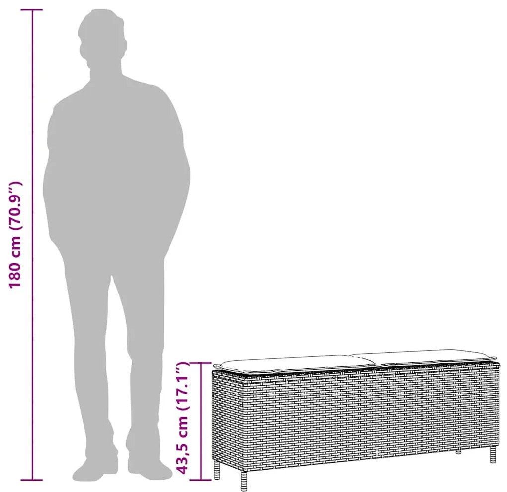 világosszürke polyrattan kerti pad párnával 110x30x40,5 cm