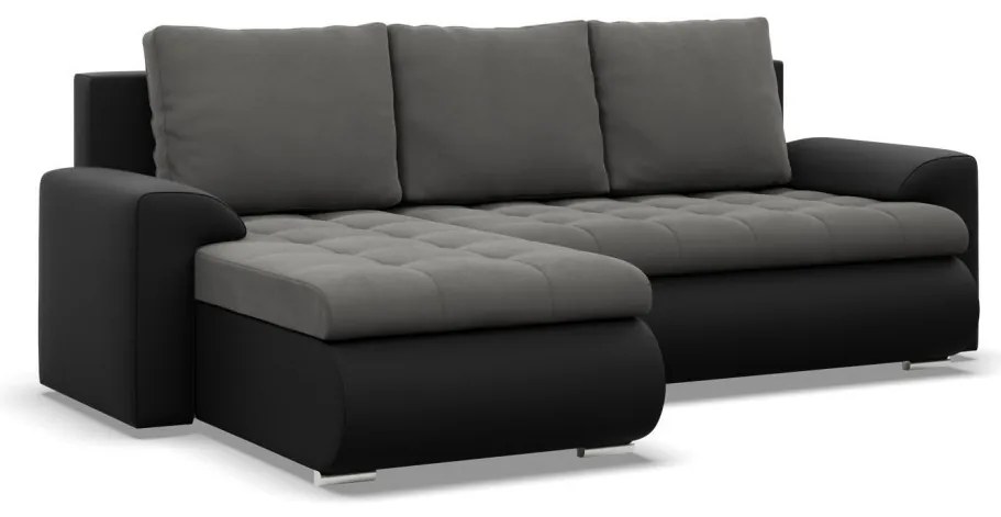 Tokio sarokkanapé, 2 ágyneműtartóval, bársony + műbőr, baloldali, szürke - fekete