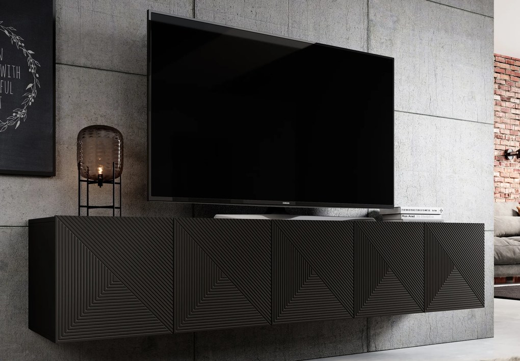 Asha falra szerelhető TV szekrény 200 cm, bordázott előlap - matt fekete