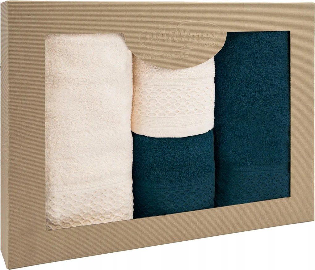 Solano törölköző készlet, 4 db-os, krémszínű és sötétkék, díszdobozban