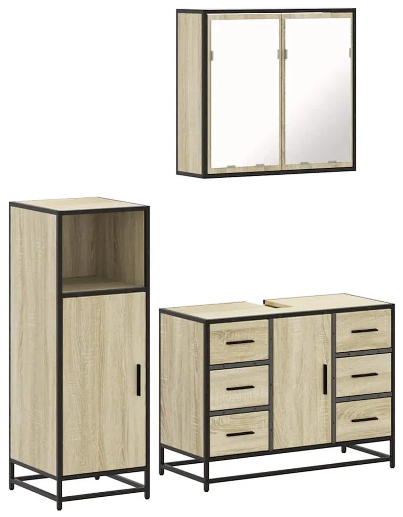 3 részes sonoma tölgyszínű szerelt fa fürdőszobai bútorszett