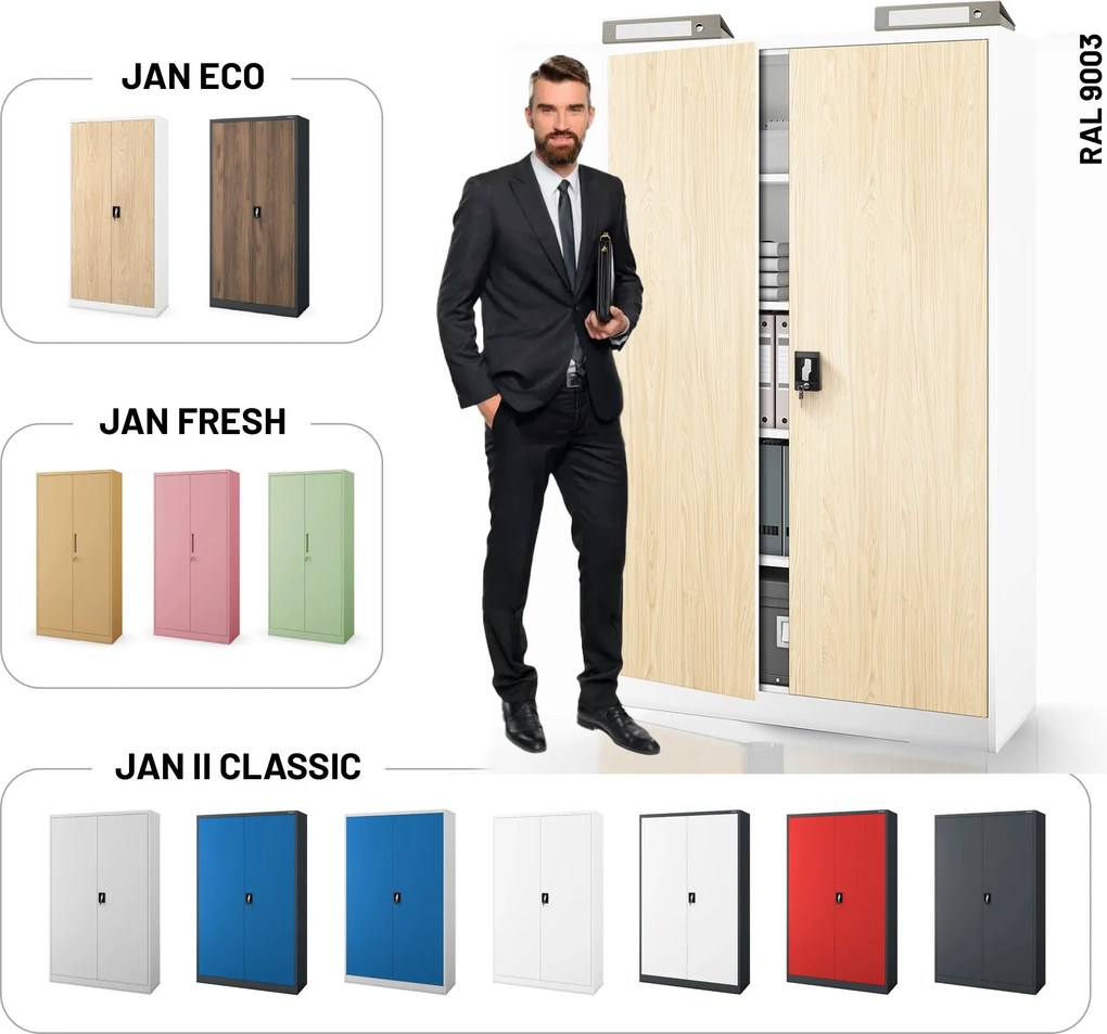 Fém irodai iratszekrény JAN II, Eco Design: fehér/sonoma tölgy