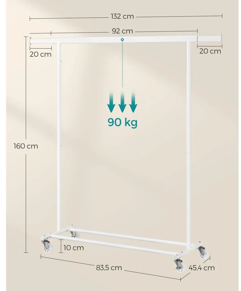 Ruhaáállvány, gurulós, ruháknak, 90kg teherbírás, fehér 92-132 cm között állítható