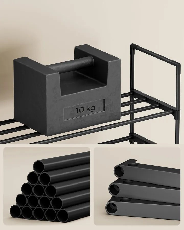 2-szintes cipőtartó, rakásolható fém állvány 8-10 pár cipőhöz, fekete