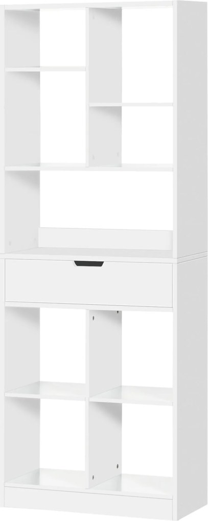HOMCOM Fehér Könyvespolc Fiókkal és 9 Tárolórekesszel, 60x26x158 cm | Aosom