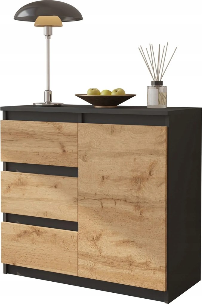 Komód Antracit Wotan Tölgy 3 Fiókos 1 Ajtós Polc, Szekrény 80 CM Nappali