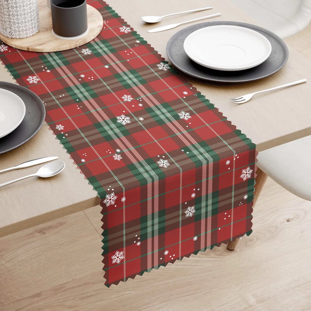 Goldea teflonbevonatú asztali futó - piros kockás hópelyhekkel 35x140 cm