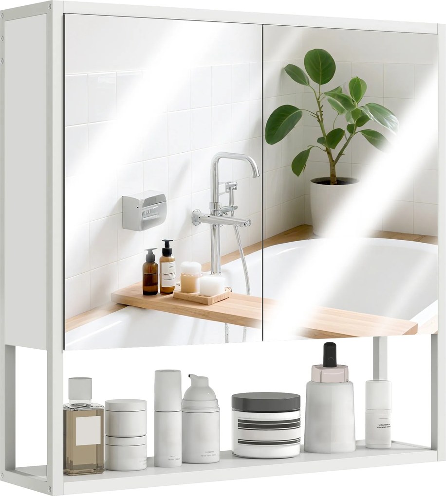 HOMCOM tükörszekrény fali fürdőszobai, 60 x 16 x 60 cm — 2 tükörajtó, állítható belső polc és nyitott polc, fehér | Aosom