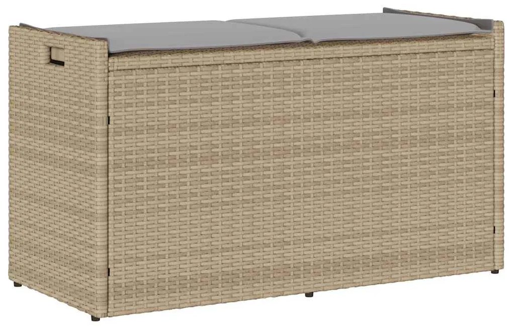 Bézs polyrattan kültéri tárolópad párnával 100 cm