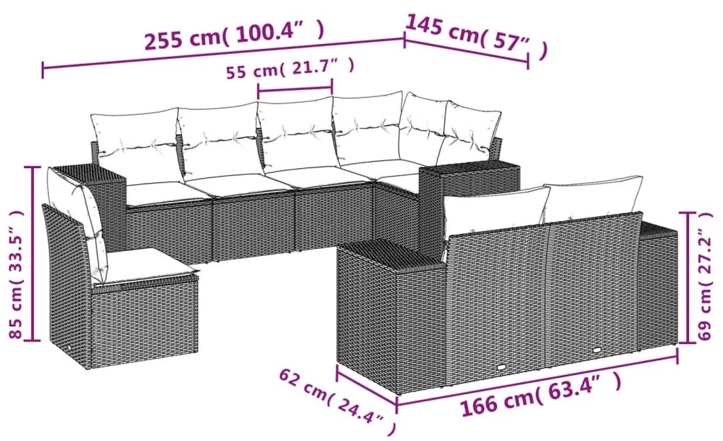 8 részes világosszürke polyrattan kerti ülőgarnitúra párnával