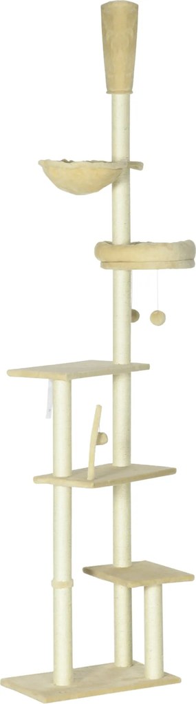 PawHut Padlótól A Mennyezetig Terjedő Macska Fáról Szőrhúzóoszlop Macskáknak Állítható Magassággal, Több Platformmal, Kosarakkal, Függőhintákkal és La