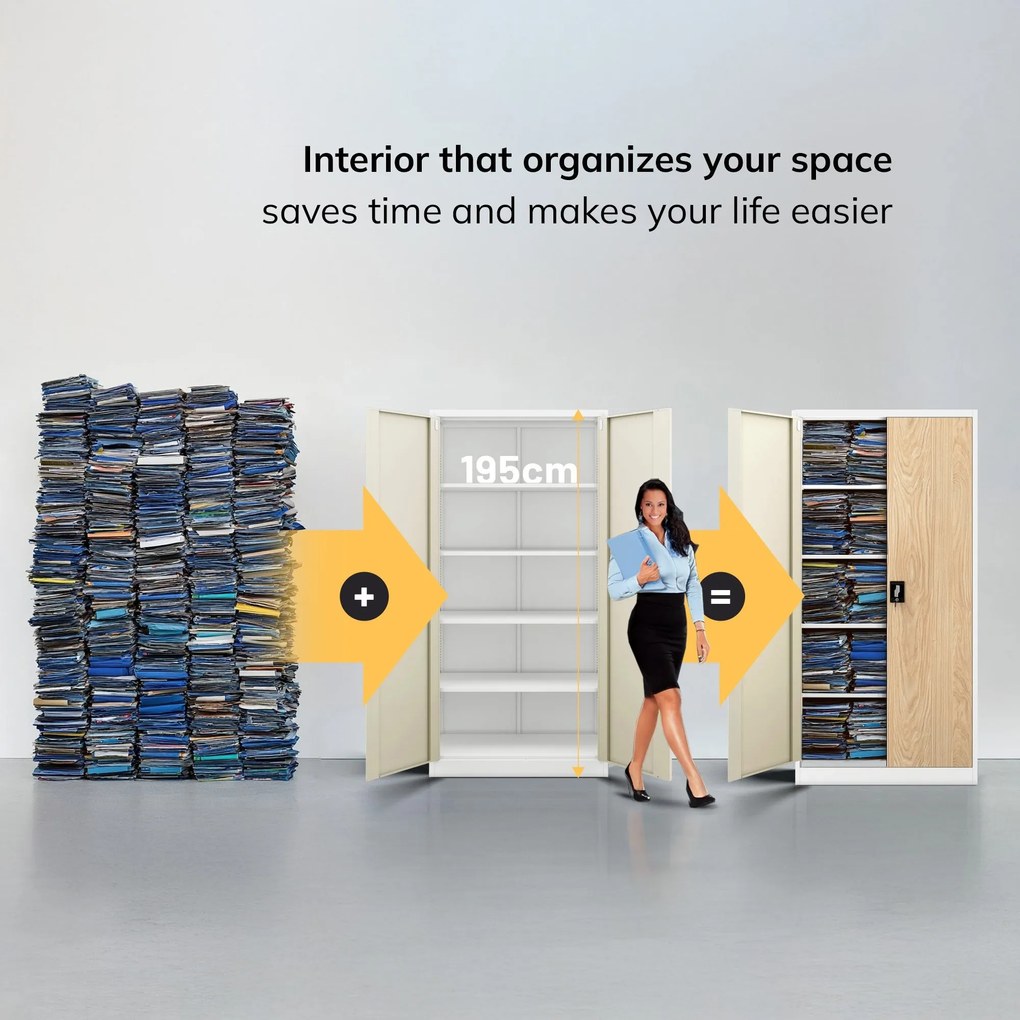 Fém iratszekrény JAN H, 900 x 1950 x 400 mm, Eco Design: fehér/ sonoma tölgy