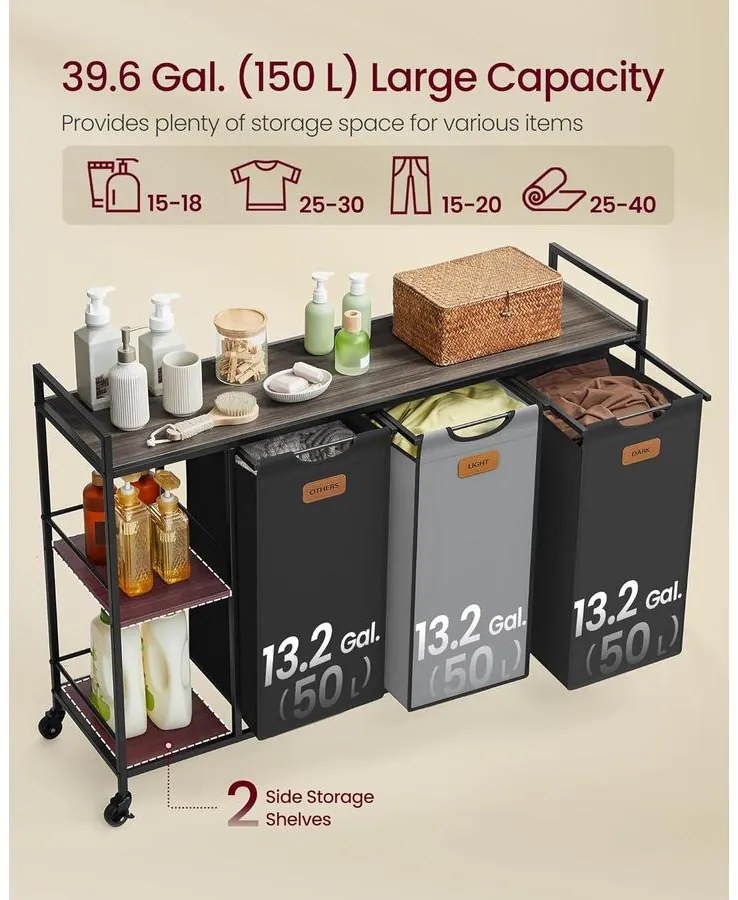 Szennyestartó 3 rekesszel, 150 L-es szennyesválogató fekete és szürke színben