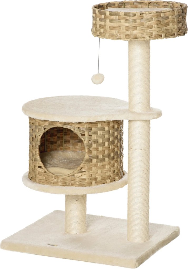 PawHut Rattan Macska Fa 95 cm Magas 3-Szintes Macska Fa Platformmal, Macska Ággyal, Mászó Fa Macska Barlanggal, Szizál Kérgekkel, Játék Labdákkal - Te