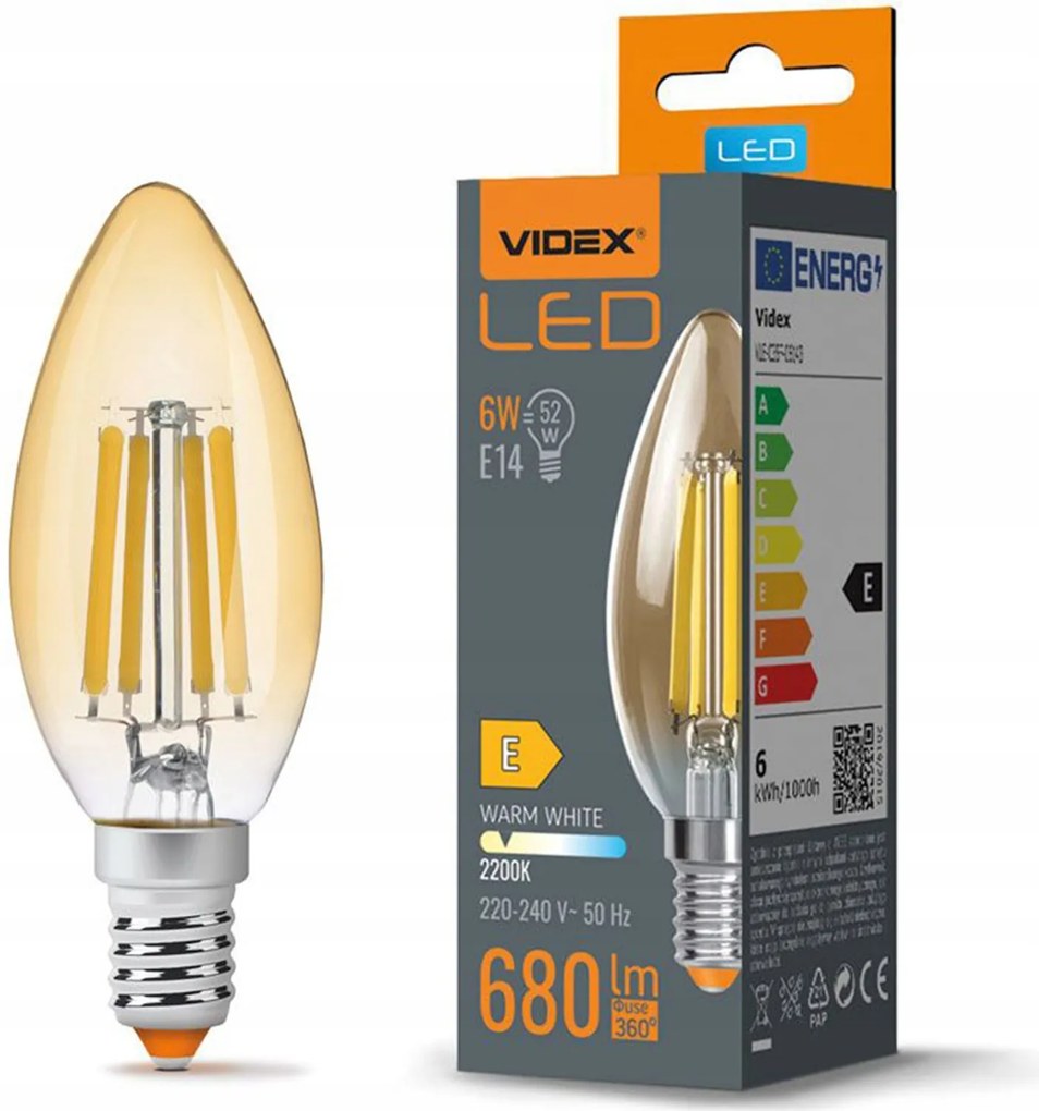 Led izzó E14 C35 6W 52W 2200K Amber Filament