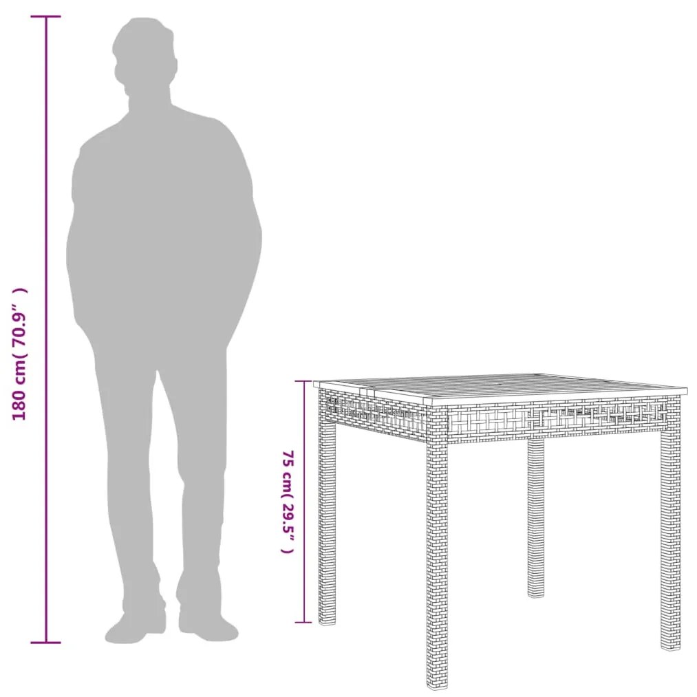 fekete polyrattan és akácfa kerti asztal 80 x 80 x 75 cm