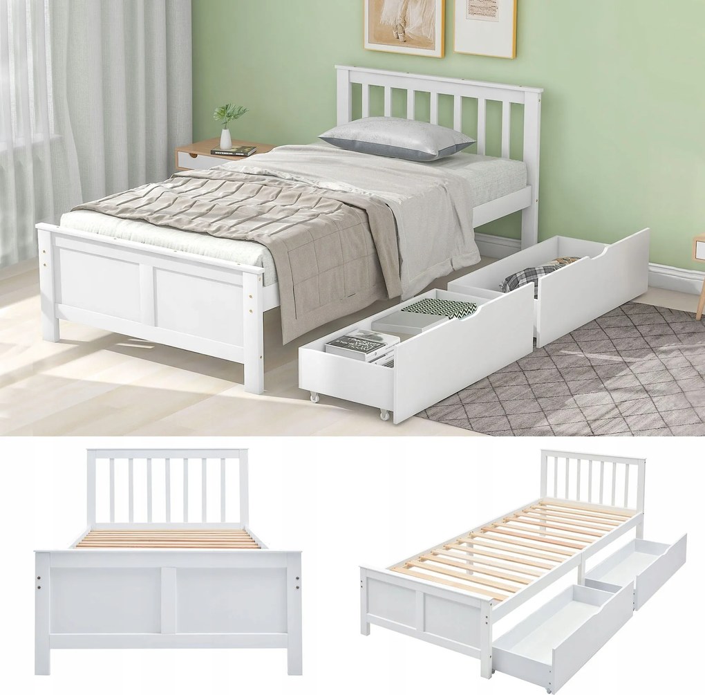 Fa ágy, egyszemélyes Gyerekágy Fiókos Fehér 90x200cm