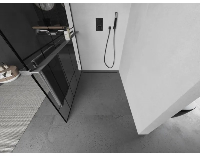 Mexen Kioto+, Walk-In zuhanyparaván polccal és akasztóval 90 x 200 cm, 8 mm átlátszó üveg fekete mintás, grafit profil, 800-090-121-66-78