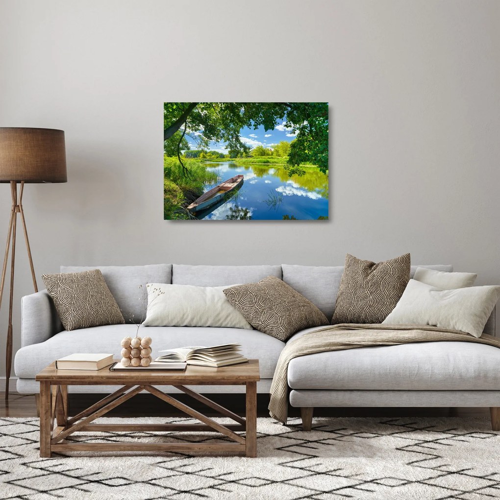 Egy nyári folyó képe hajóval (üvegen) (70x50 cm)