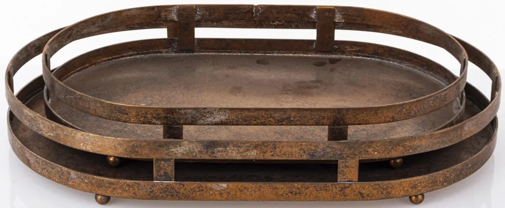 Ovális fogantyús koptatott bronz színű 2db-os fém tálca szett 6x40x26/6x35x22cm